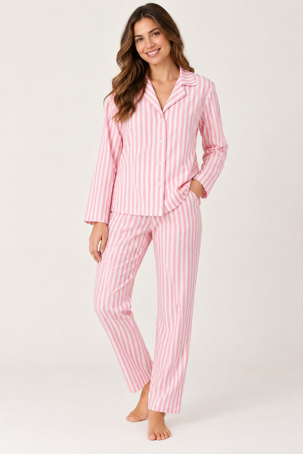 fashionshowcase Pyjama Damen Hausanzug Langarm Schlafanzug gestreift mit Knopfleiste (Pyjama-Set, Oberteil und Hose) klassischer Hemdpyjama-Look