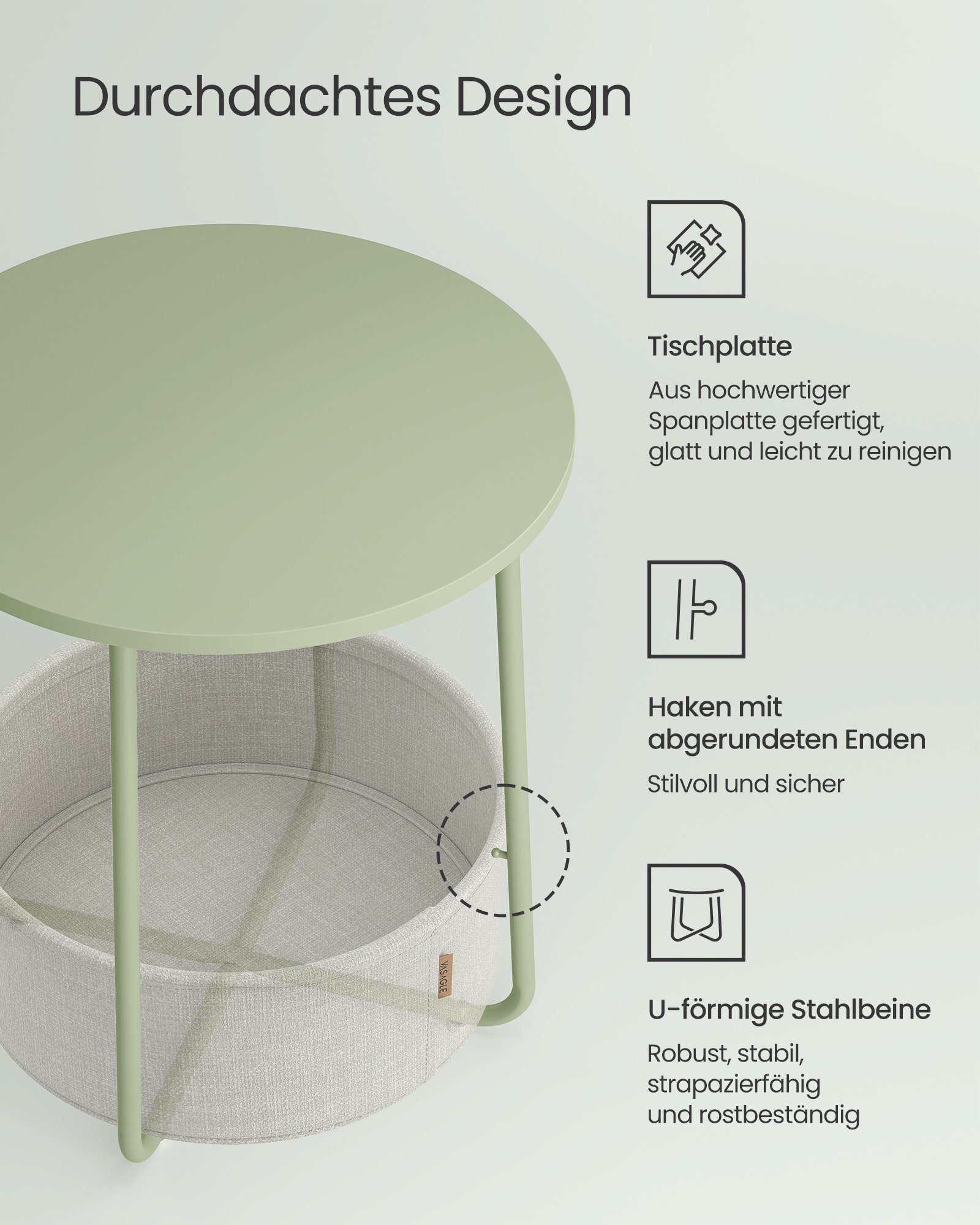 VASAGLE Beistelltisch kleiner Tisch Stauraum für Wohnzimmer, rund, klein, Couchtisch, Wohnzimmertisch, Korb – Bild 5 von 5