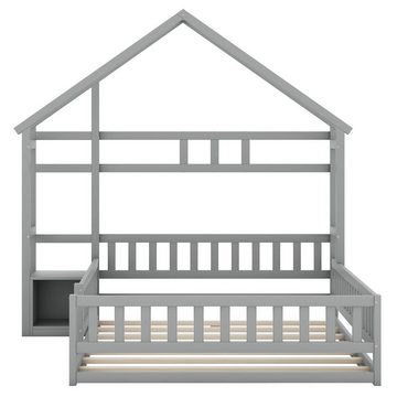 HAUSS SPLOE Kinderbett Hausbett mit Lattenrost Bettrahmen Doppelbett Holzbett (Kinderbett mit Geländer und Nachttisch, Flachbett aus Kiefernholz), 140*200cm, Grau
