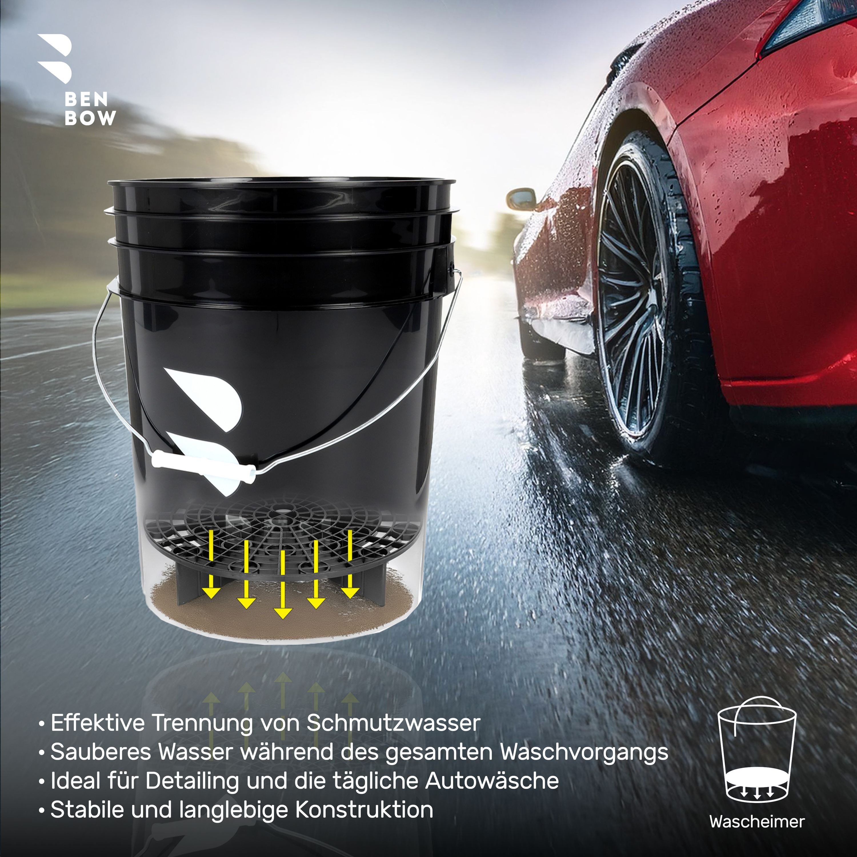 BENBOW BenBow: Autowäsche-Set: 20-Liter-Wascheimer mit Zubehör Auto-Reinigungsmittel (20L Wascheimer Schwarz + Schmutzsieb + Waschhandschuh + 1L Autoshampoo)