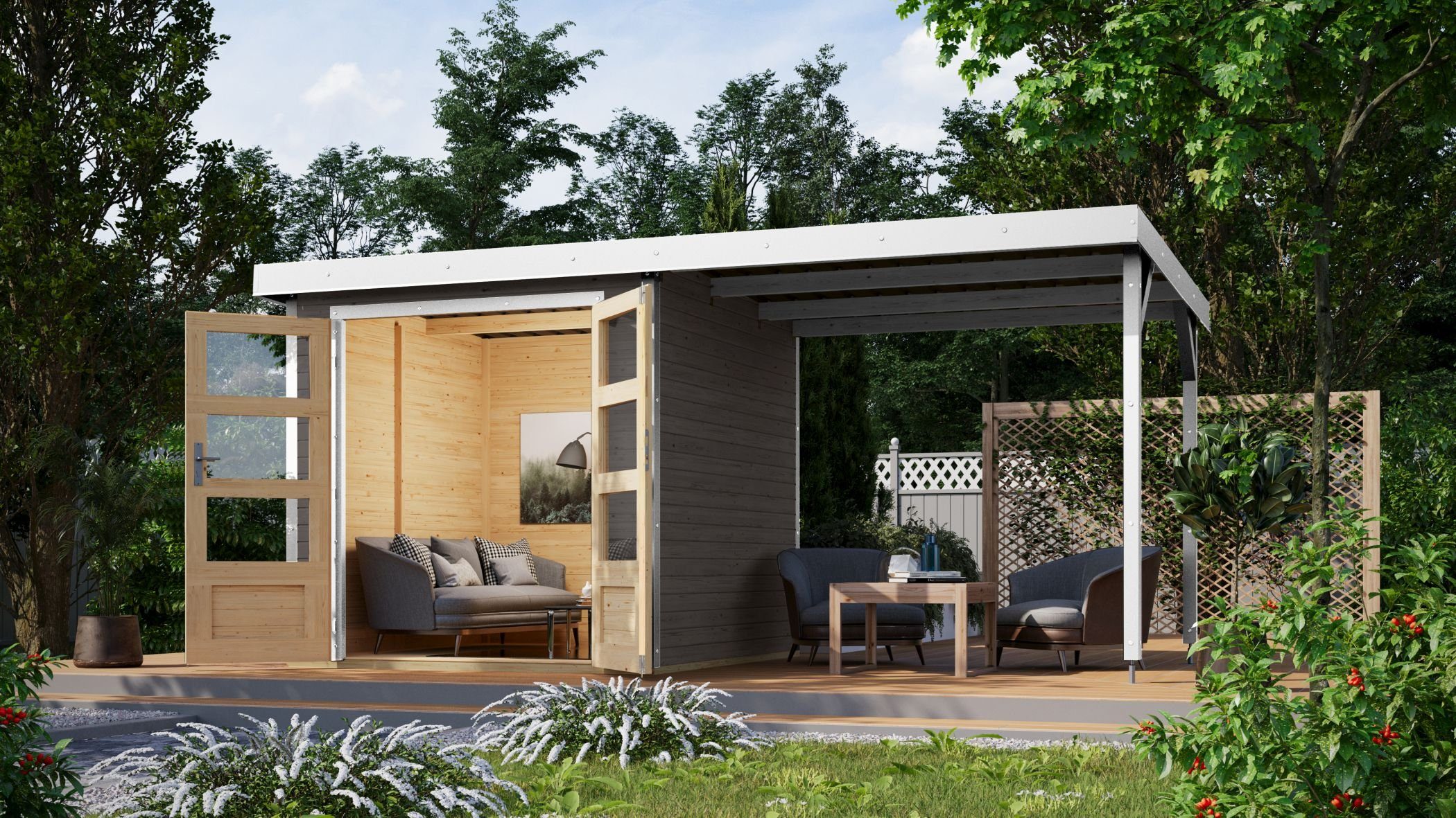 Karibu Gartenhaus Hybrid Gartenhaus Hollywood B mit Anbaudach terragrau, (1 Stück, inkl. Fußboden), Ideal für DIY-Heimwerker