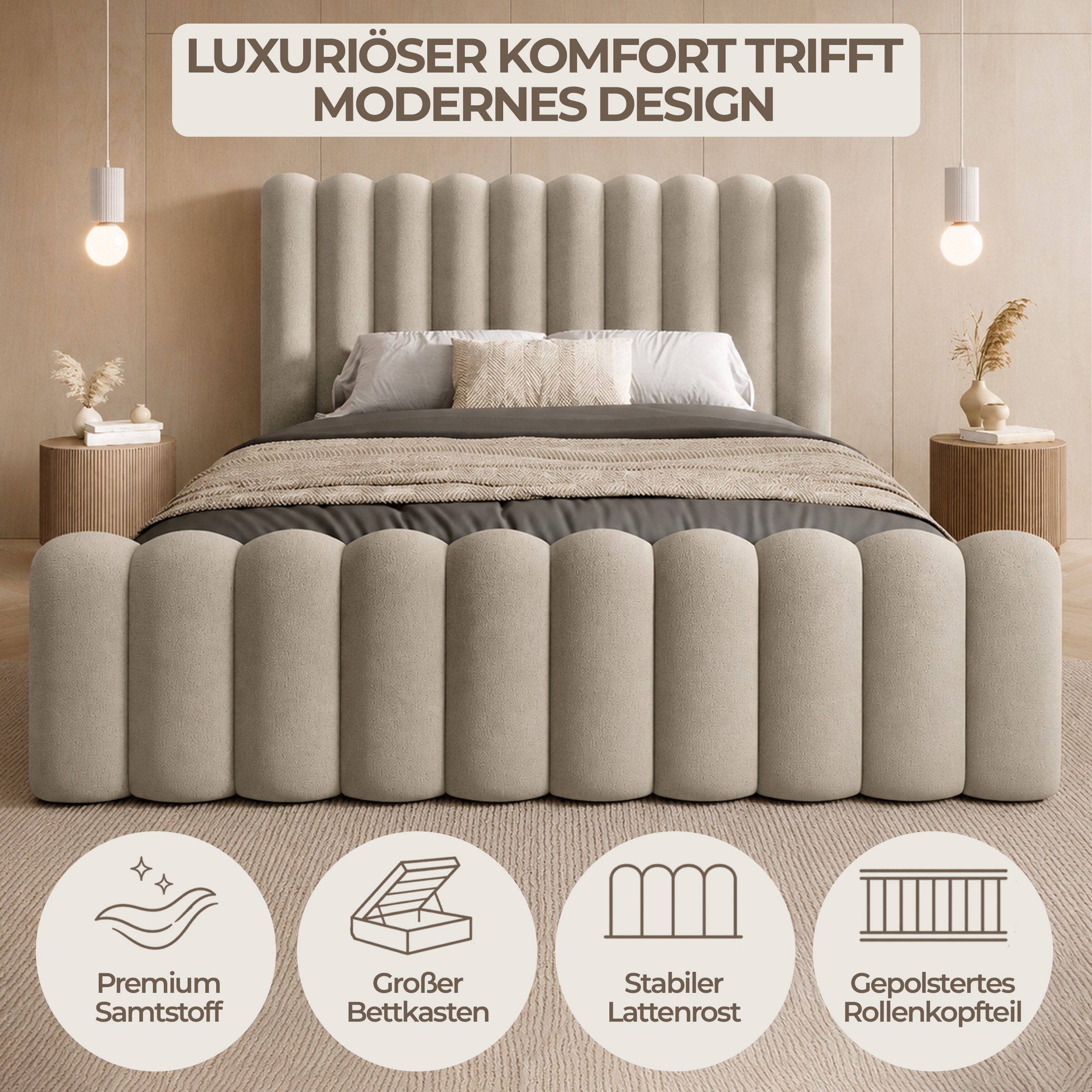 Goldstoff Polsterbett JENNY - Bett mit Bettkasten & Halbrund-Kopfteil – Velvet (Doppelbett mit Bettkasten und Lattenrost, verfügbar 140x200 160x200 180x200 200x200cm), Verfügbar in 4 Größen – Modern & Elegant