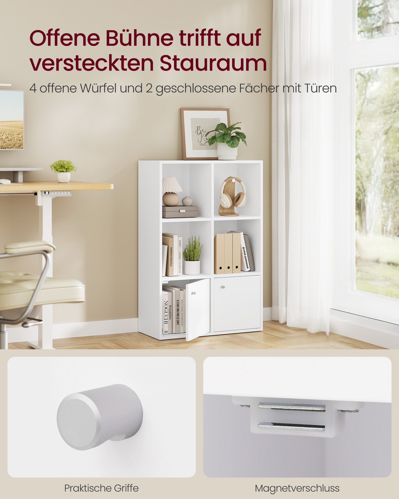 VASAGLE Bücherregal, Bücherschrank, Büro, mit 2 Türen, weiß