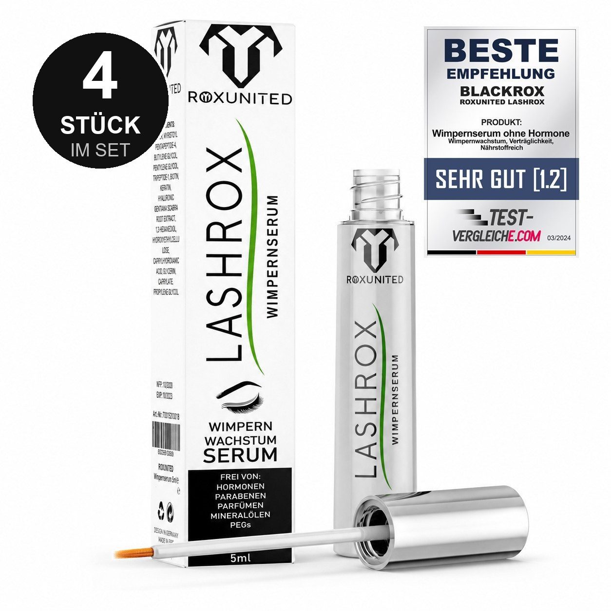 ROXUNITED Wimpernserum [Vergleichssieger 2026] LASHROX Wimpernserum hormonfrei Biotin Koffein, 4-tlg.