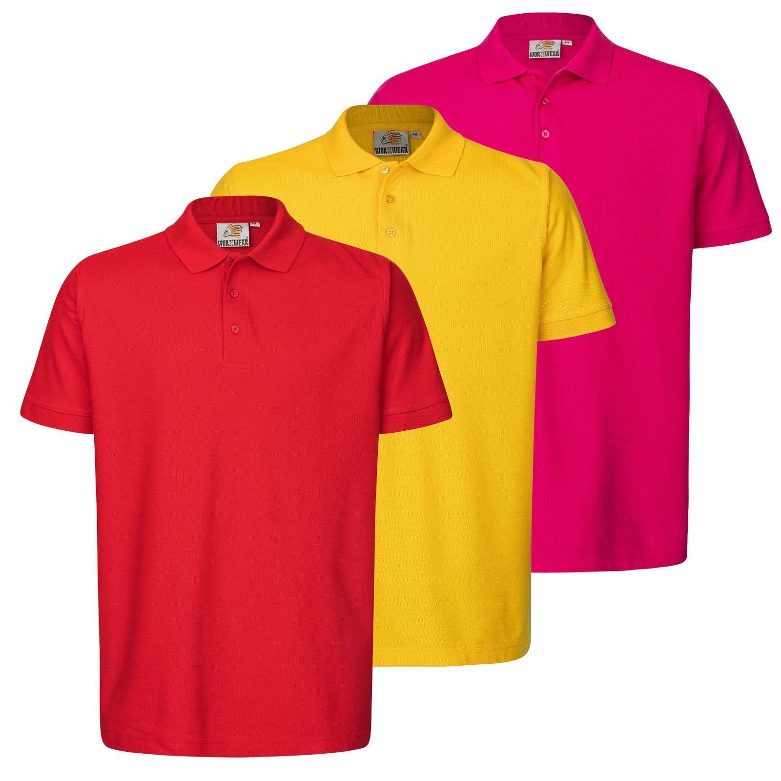 WORXWEAR Poloshirt Herren (Spar-Set, 3er-Pack) strapazierfähiges Poloshirt mit Einlaufwert < 5% Gelb, Rosa, Rot