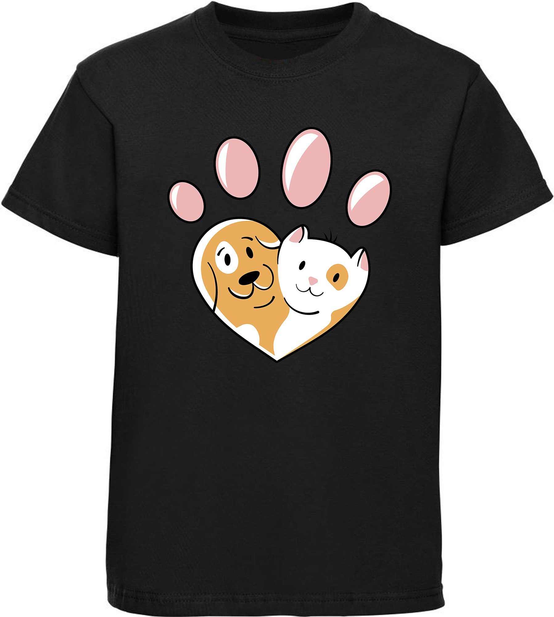 mit Katze Print-Shirt T-Shirt Hund i223 und MyDesign24 Aufdruck, Baumwollshirt Herz schwarz Kinder bedrucktes - Hunde mit Pfote
