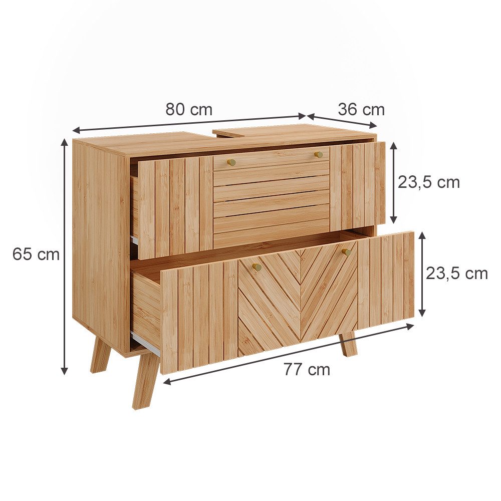 Vicco Waschbeckenunterschrank Lucie, Bambus, 80 x 65 cm mit 2 Schubladen (1-St)