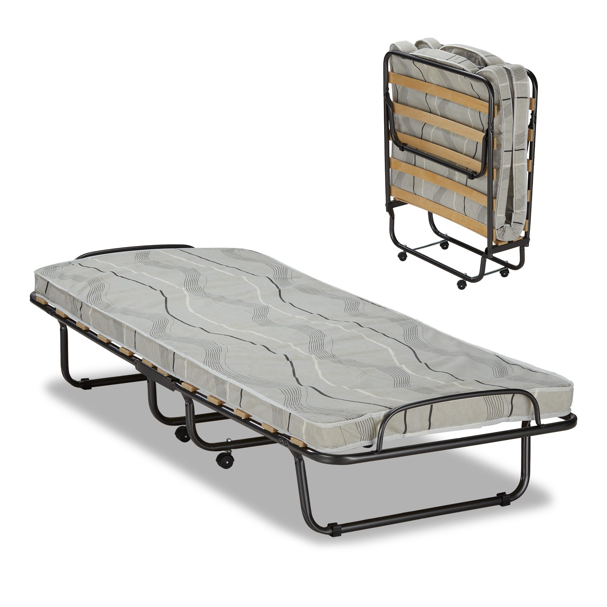 KHG Gästebett klappbares Metallbett stabil auf Rollen für Erwachsene & Kinder (leicht zu tragen und verstauen bis 90kg belastbar, 1-St) Klappbar auf Rollen inkl. Matratze