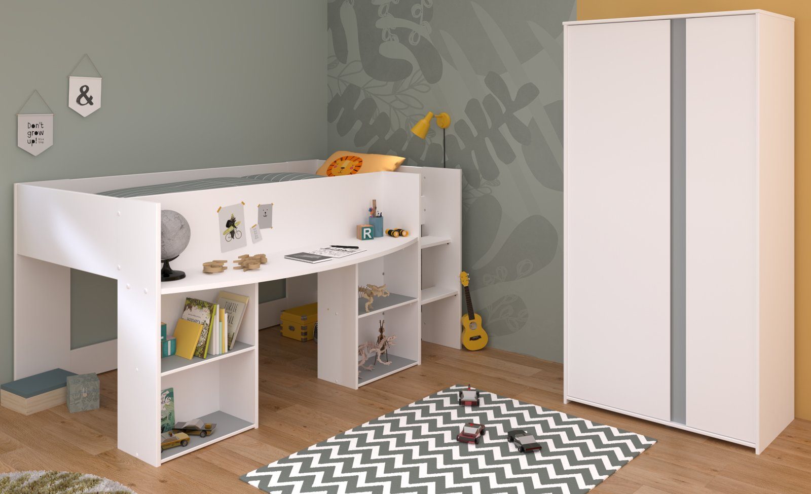 Parisot Jugendzimmer-Set Pirouette, (Kinderzimmer Set in weiß mit Grau oder Rosa, 2-tlg., Hochbett und Kleiderschrank), kein Lattenrost erforderlich