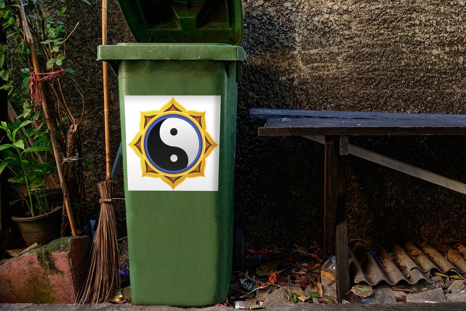 Sticker, in Sonnenblume einer Yang Container, MuchoWow Eine (1 Mülleimer-aufkleber, und Yin Abfalbehälter Mülltonne, St), von Wandsticker Illustration