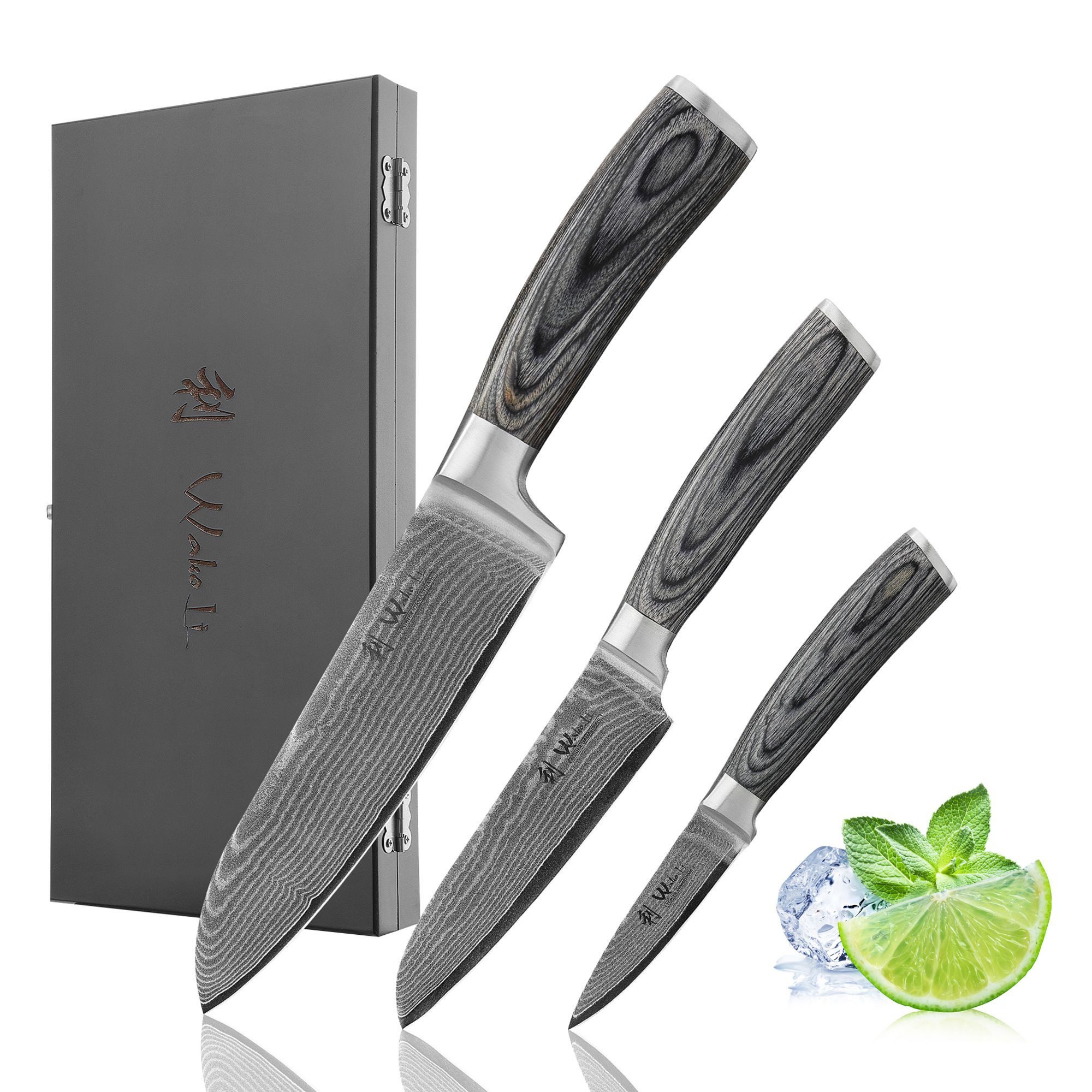 Wakoli Messer-Set EDIS 3er Damastmesser-Set I Küchenmesser Kochmesser I 8-17cm Klingen (3er Damastmesser, 3-tlg., 3er Damastmesser-Set), aus 67 Lagen Damaststahl, VG-10 Stahlkern