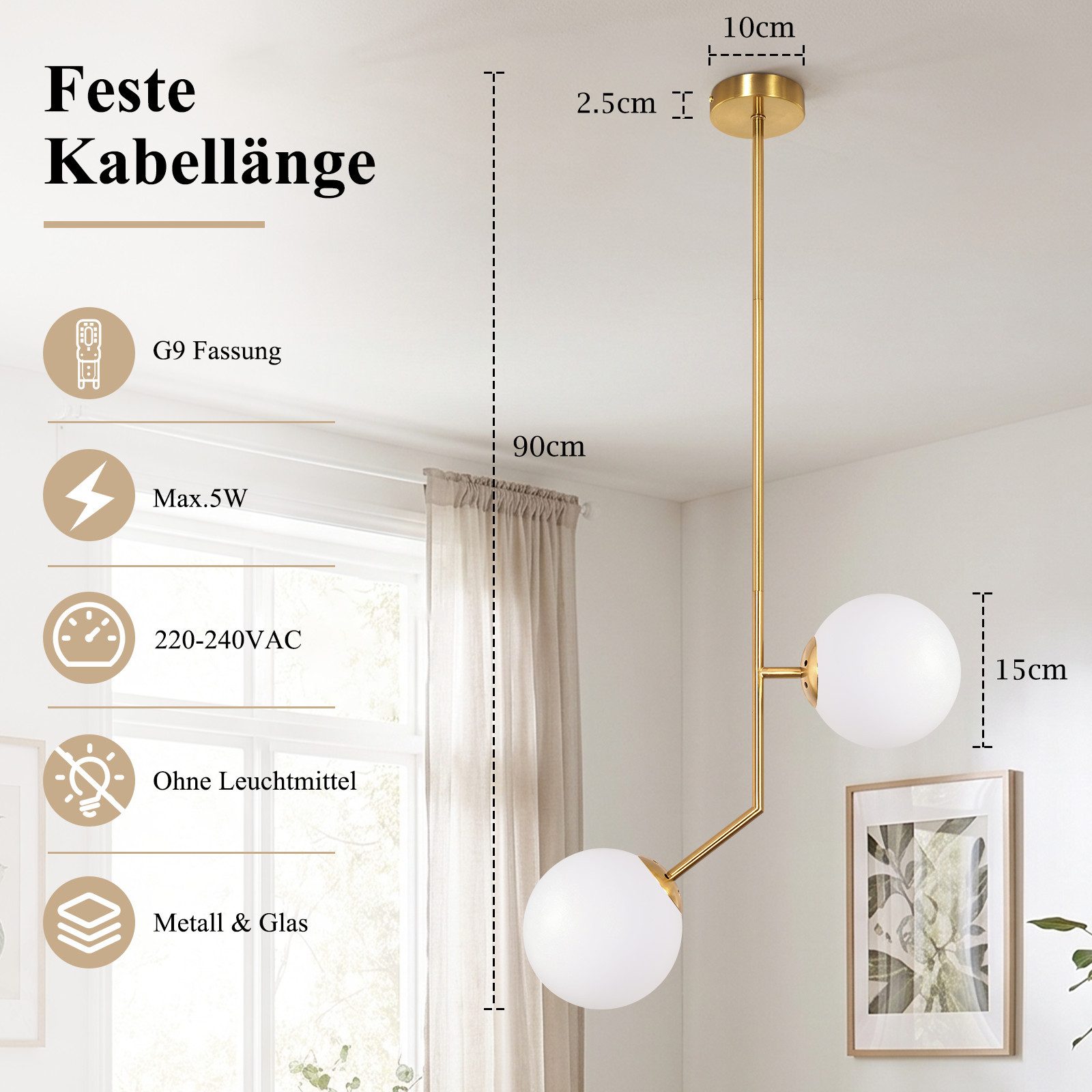 Nettlife Pendelleuchte 1/2flammig Gold Modern Kugel Hängeleuchte G9 Glashängeleuchte, ohne Leuchtmittel, für Esstisch Wohnzimmer Schlafzimmer Küche
