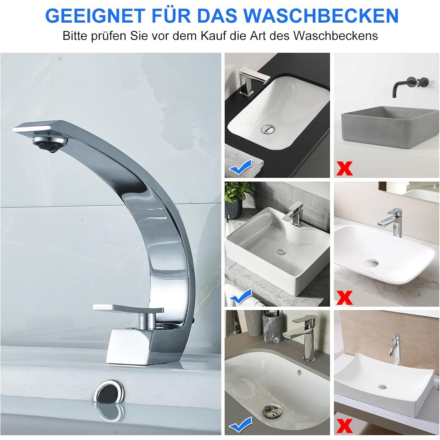 OKWISH Waschtischarmatur Wasserfall Bad Wasserhahn Küchenarmatur Einhebel (3/8 Zoll Norm-Anschluss Messing + Stahl Chrom-Finish 19cm Auslaufhöhe, Mischbatterie + Keramikkartusche) Wasserfall für Badezimmer Toiletten Oder Gäste WC Waschbecken usw