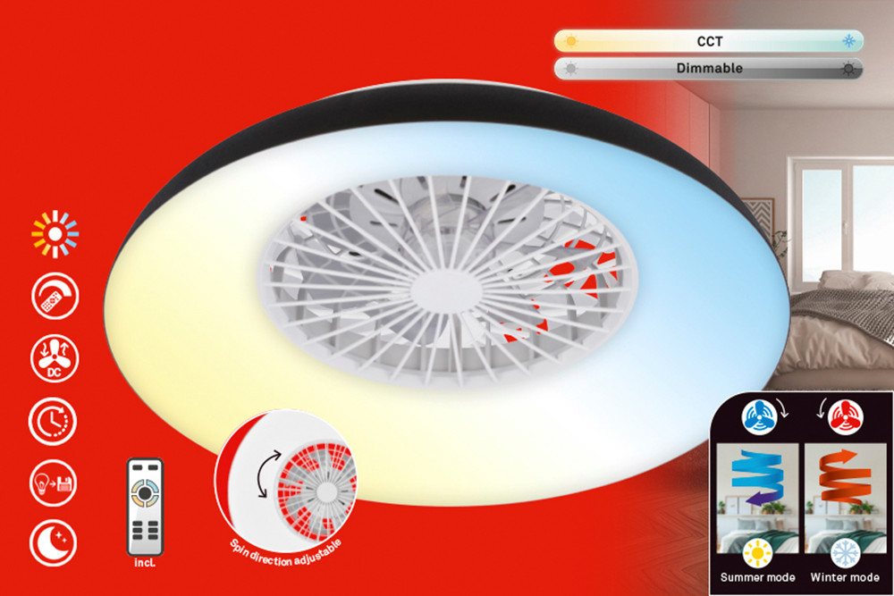 Briloner Leuchten LED Deckenleuchte WINDORA Deckenventilator, CCT - über Fernbedienung, LED fest integriert, 60 x 19 cm (DxH), Schlafzimmer, Wohnzimmer, Esszimmer, Flur, Küche