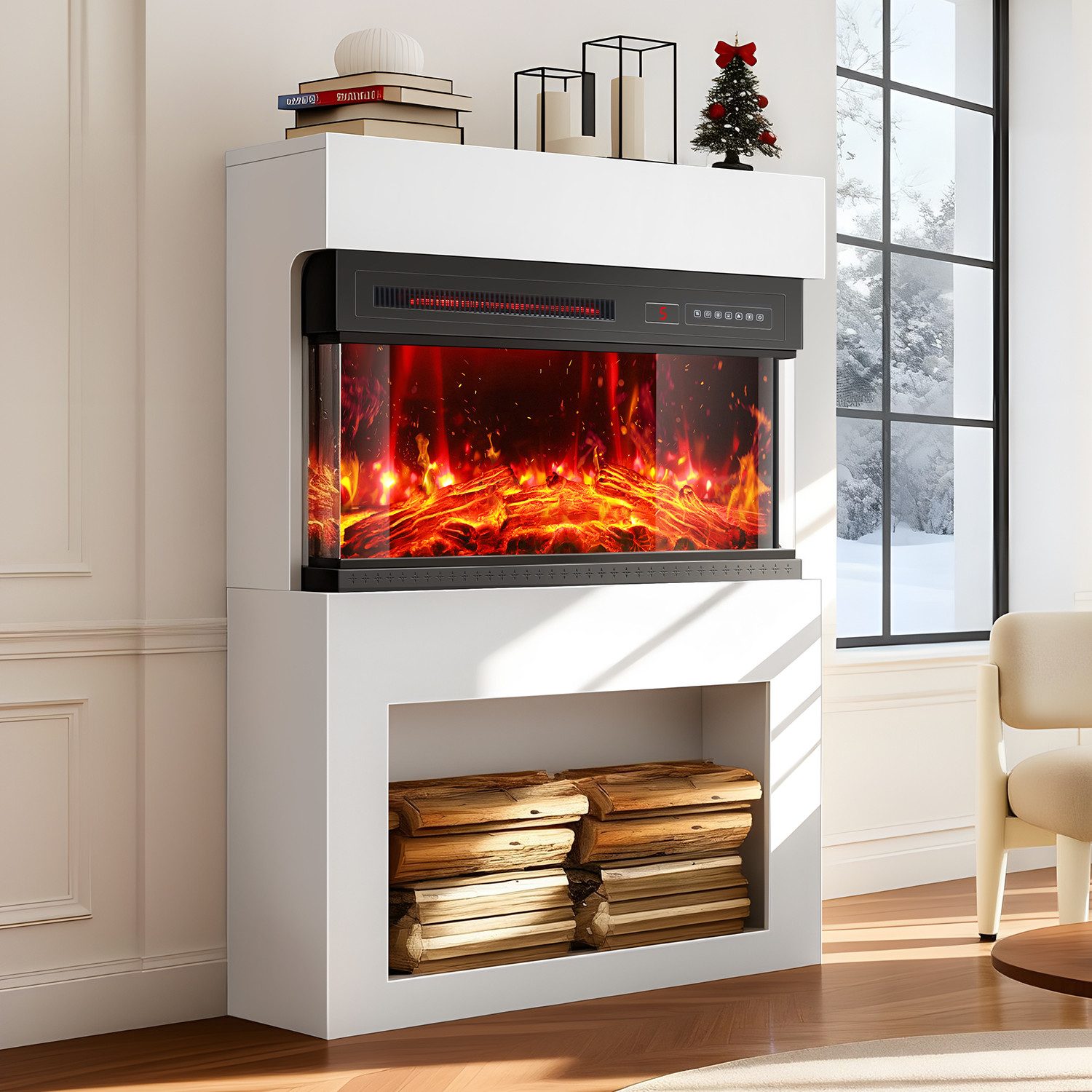 oyajia Elektrokamin Elektrischer Kamin mit 3D-Flammeneffekt, Heizung, Holzfach, Thermostat, Fernbedienung, Timer, in 12 Farben mit 5 Helligkeitsstufen