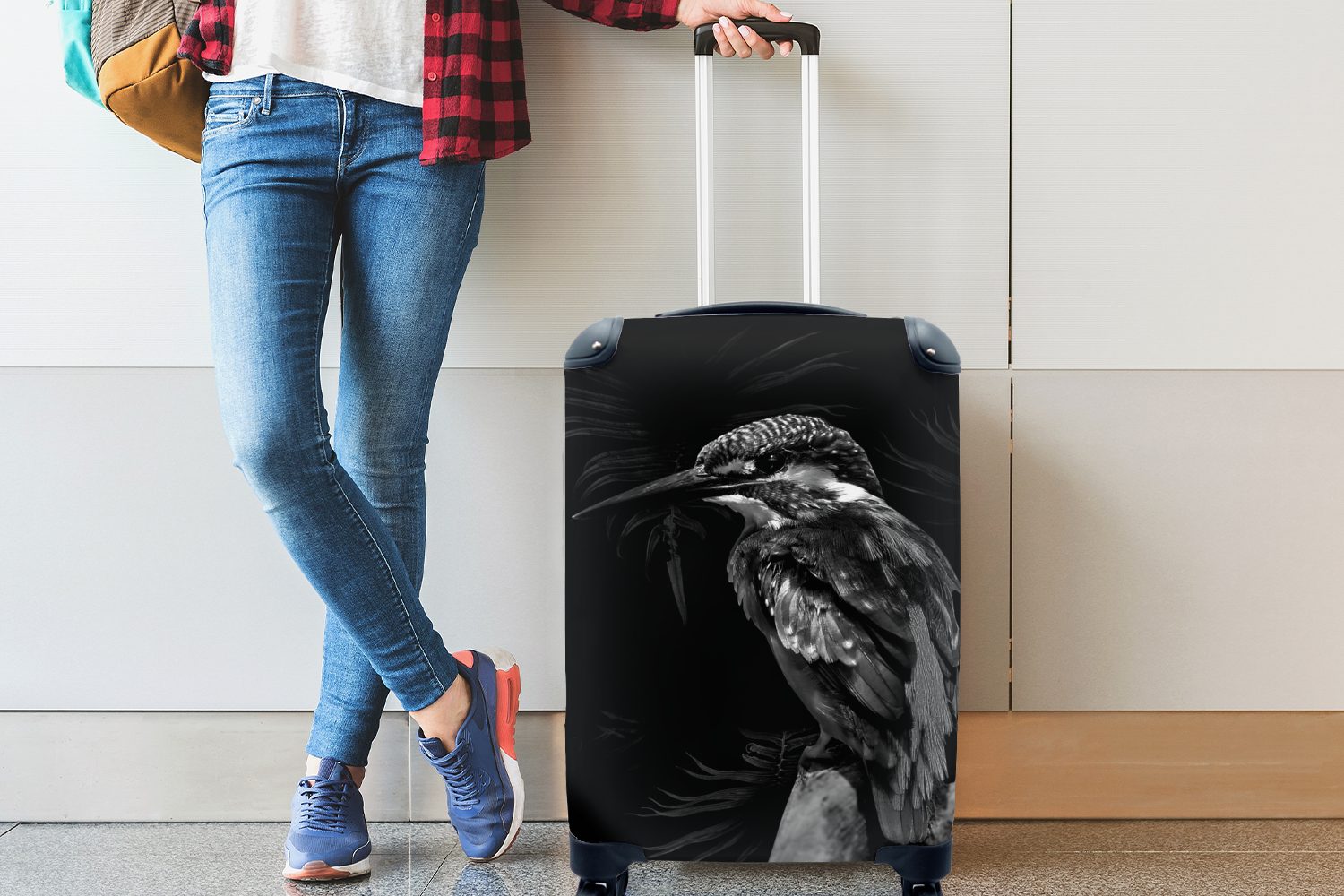 MuchoWow Handgepäckkoffer Vogel vor rollen, 4 Handgepäck Rollen, weiß, - für Reisetasche schwarz schwarzem und Trolley, mit Hintergrund Reisekoffer Ferien