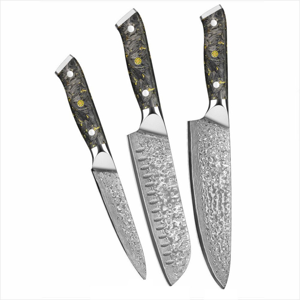 KingLux Messer-Set 3tlg. Damaststahl Küchenmesser-set Karbonfaser&Blattgold Griff (3-tlg)