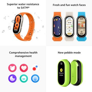 Xiaomi Smartband 8 für Herren Laufzeit bis zu 16 Tagen Aktivitätsarmband Smartwatch (1.62 Zoll, Android / iOS), mit AMOLED-Display Schnellladefunktion150 Sportmodi 5 ATM wasserdicht