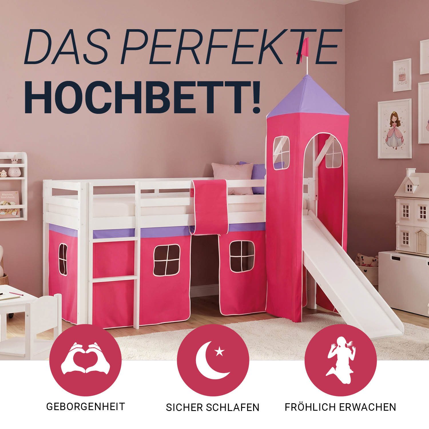 Homestyle4u Hochbett Kinder mit / ohne Matratze mit / ohne Rutsche 90x200 Vorhang Mädchen (Spar-Set, mit Rutsche, mit Turm, Matratze mit OEKO-TEX® Standard 100) Kiefer, Jungen Mädchen, Spielbett