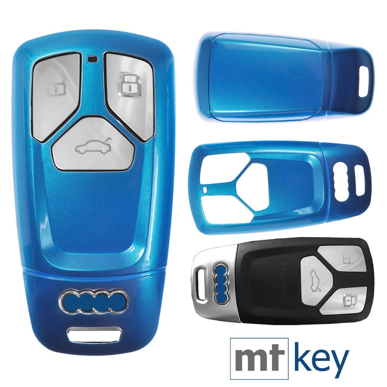 mt-key Schlüsseltasche Autoschlüssel Hardcover Schutzhülle Metallic Blue, für Audi A4 A5 A6 A7 TT Q2 Q5 Q7 A8 Q8 KEYLESS SMARTKEY Metallic Blau
