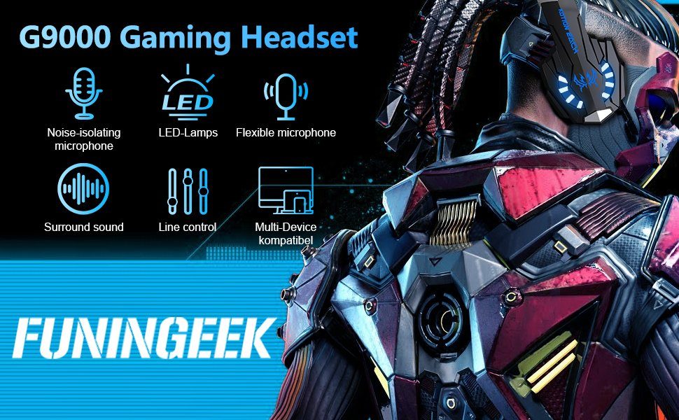 FUNINGEEK Gaming-Headset (anpassbar Sound Mikrofon Licht Kabel, Mit LED Surround verschiedene Cancelling) Noise Professional 3.5mm an Kopfumfänge