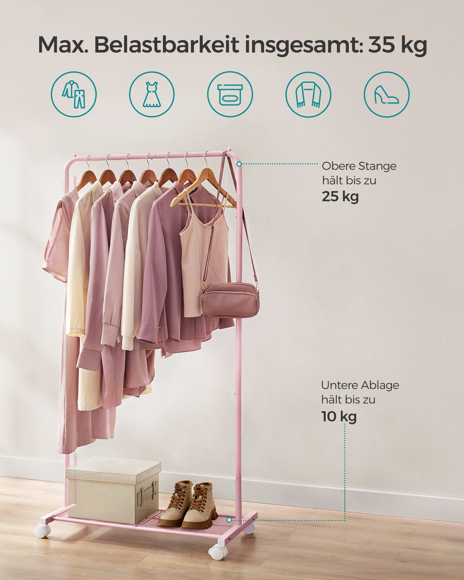 SONGMICS Kleiderständer Kleiderstange auf Rollen, Garderobenständer 74 cm breit, Rollgarderobe mit Gitterablage, bis 35 kg belastbar, 2 Rollen