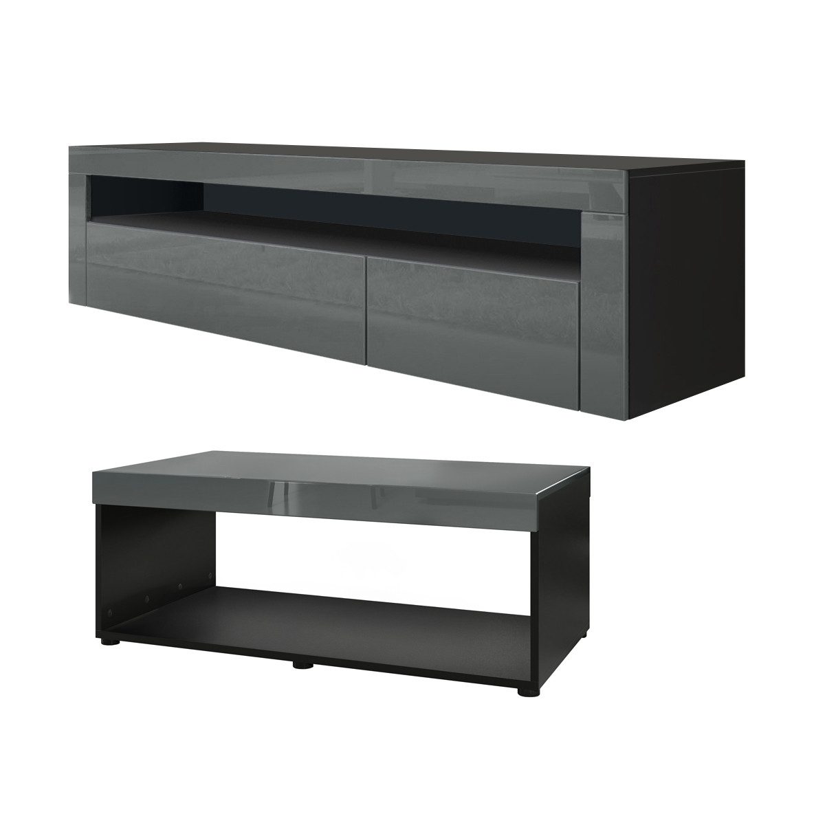 Vladon Wohnwand Berlin, (Wohnzimmer-Set, bestehend aus 1 TV Board und 1 Couchtisch), Schwarz matt/Grau Hochglanz