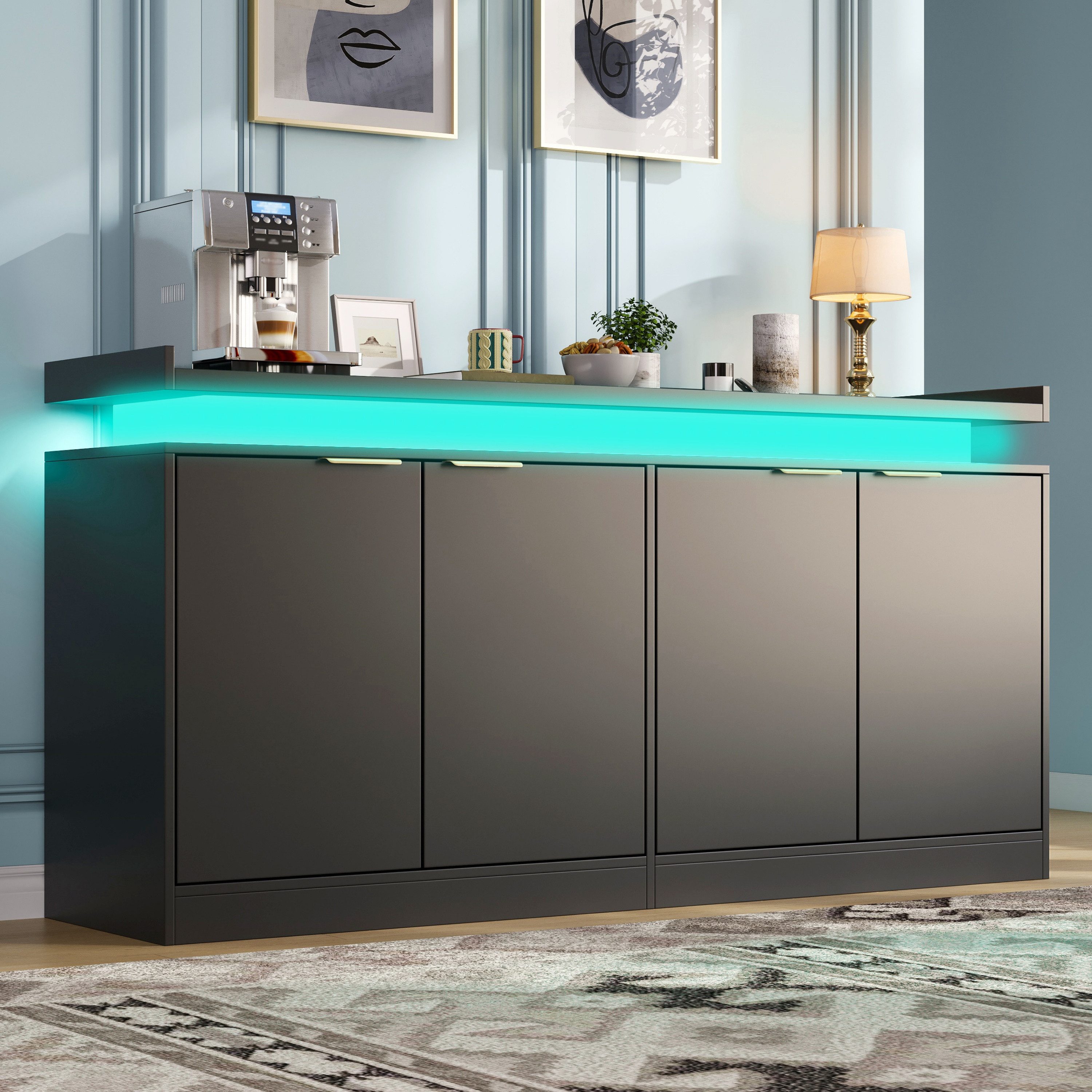 Flieks Sideboard Multifunktionsschrank mit LED-Beleuchtung und 4 Türen (B160×T39×H83 cm, 1 St., für Esszimmer, Wohnzimmer, Schlafzimmer), Küchenschrank Mehrzweckschrank Kommode mit 4 Fächern Schwarz