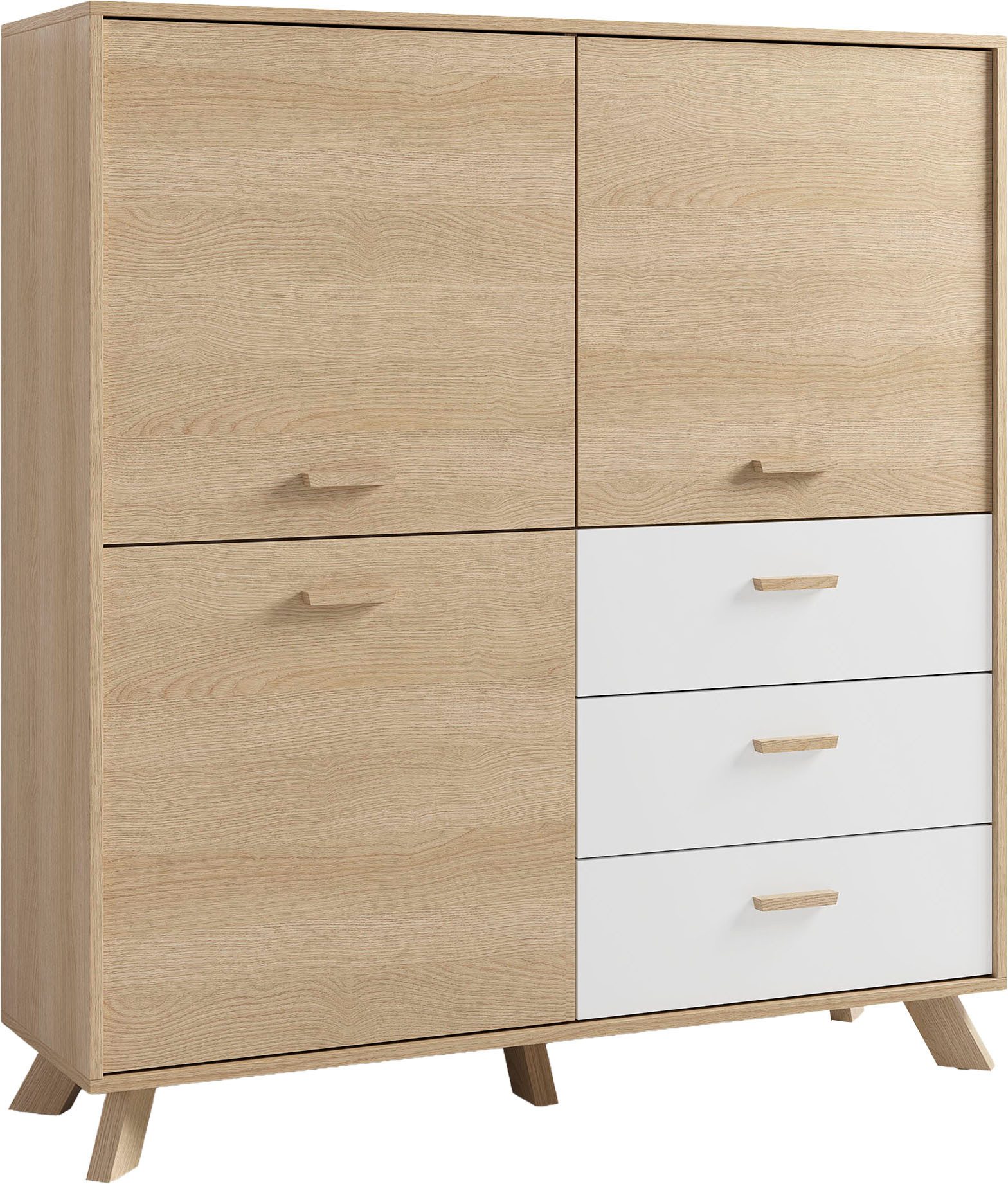 byLIVING Highboard Bastian (1 St), mit massiven Holzfüßen und Griffen, natürlicher Eichenlook, 120cm