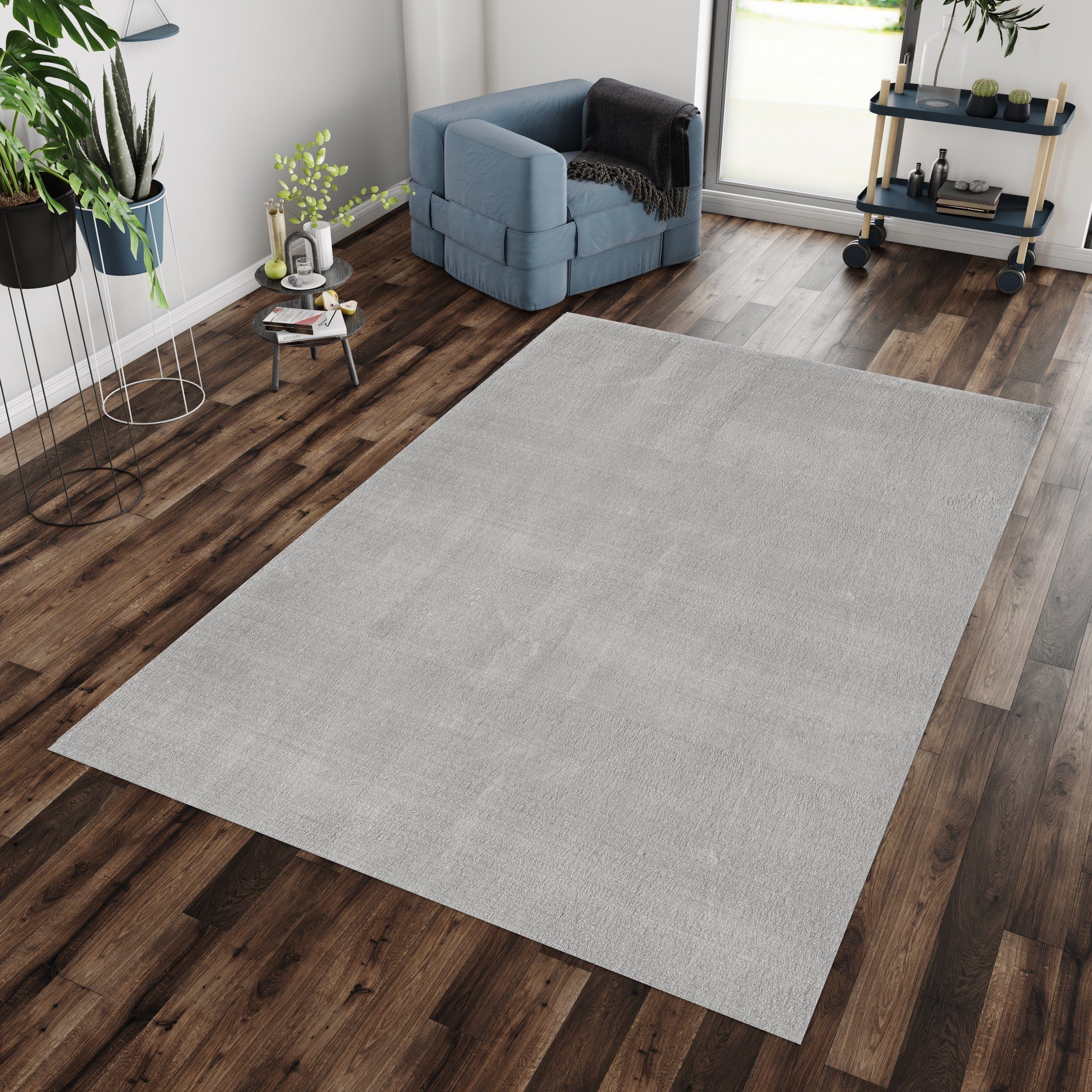 Teppich Unicolor - Einfarbig, Teppium, Läufer, Höhe: 25 mm, Teppich Wohnzimmer Silber | Hochflor-Teppiche