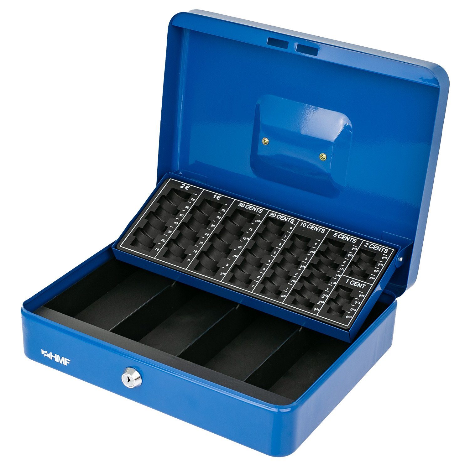 HMF Geldkassette Abschließbare Bargeldkasse mit Münzzählbrett und Scheinfach, robuste Geldbox mit Schlüssel, 30,5x24x8,5cm blau