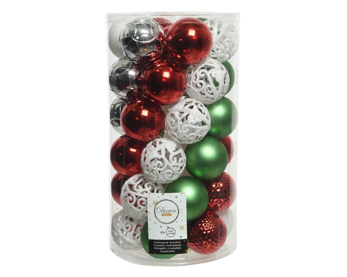 Kaemingk Weihnachtsbaumkugel, Weihnachtskugeln Kunststoff 6cm 37er Set - Rot / Weiß / Mint / Silber