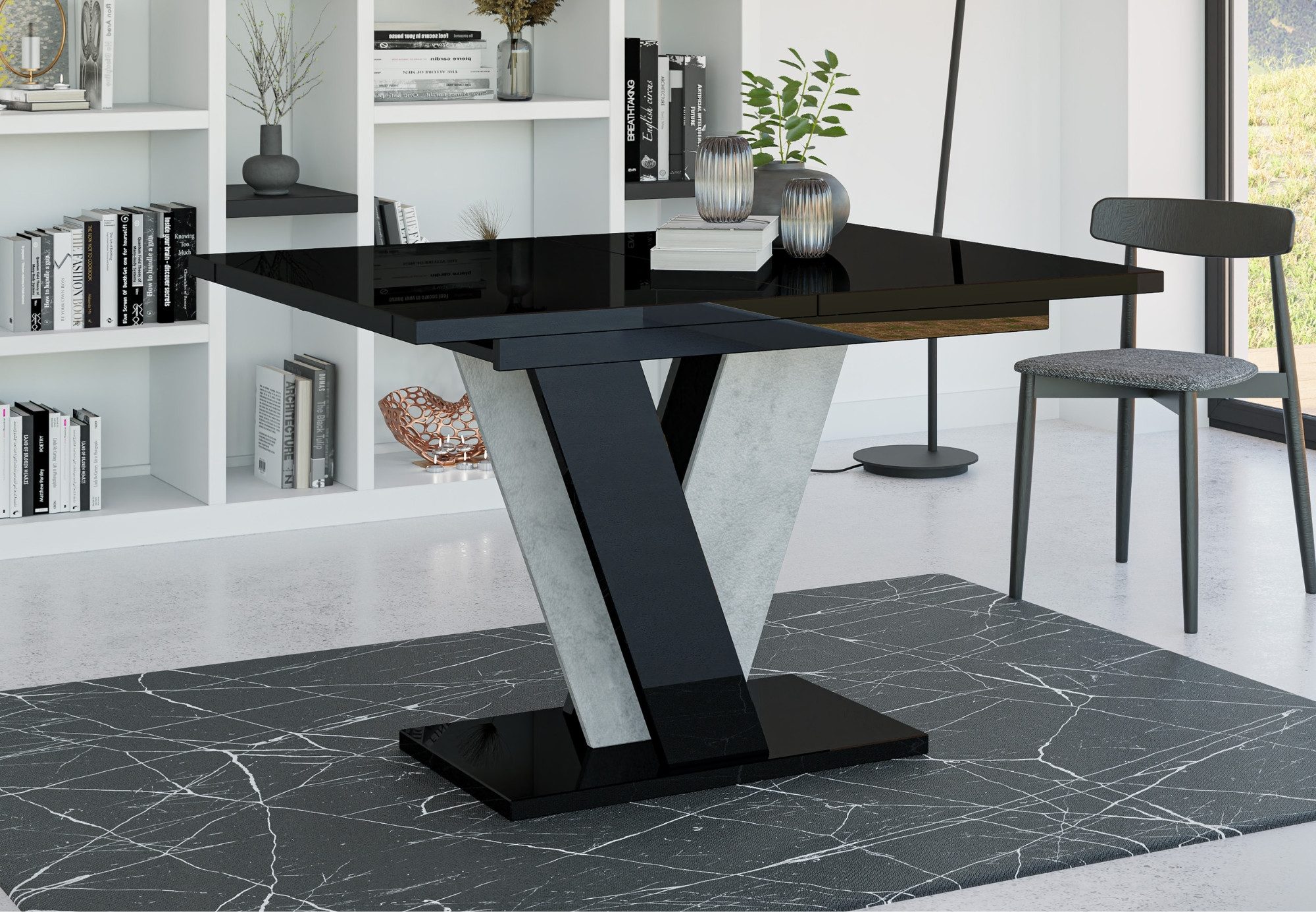 Home Collective Esstisch ausziehbar Tisch Küchentisch Esszimmertisch Ausziehtisch 4-6 Personen (Esszimmer Küche Wohnzimmer Esstisch erweiterbar), modernes Design mit V-Gestell, 120-160 x 90 cm Schwarz glänzend