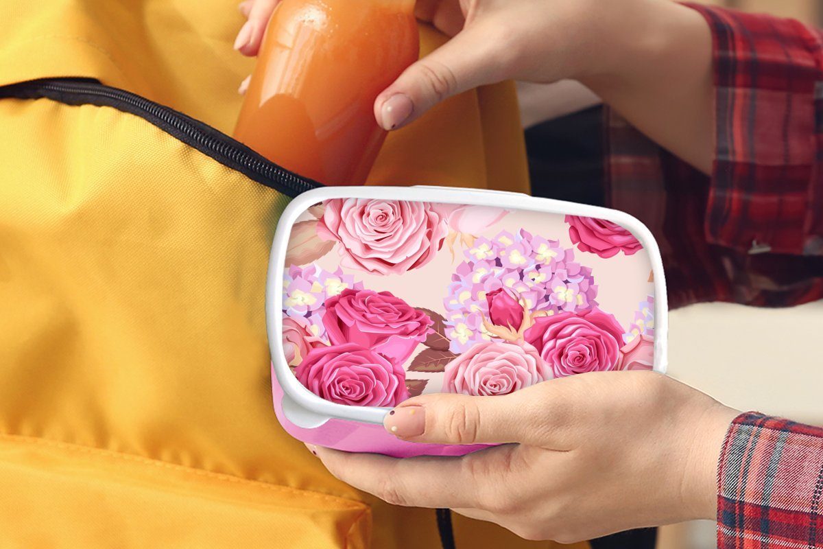 MuchoWow Lunchbox Rosen - Hortensien - Rosa, Kunststoff, - für Mädchen, Brotbox Snackbox, (2-tlg), Kinder, Brotdose Kunststoff Blumen Erwachsene