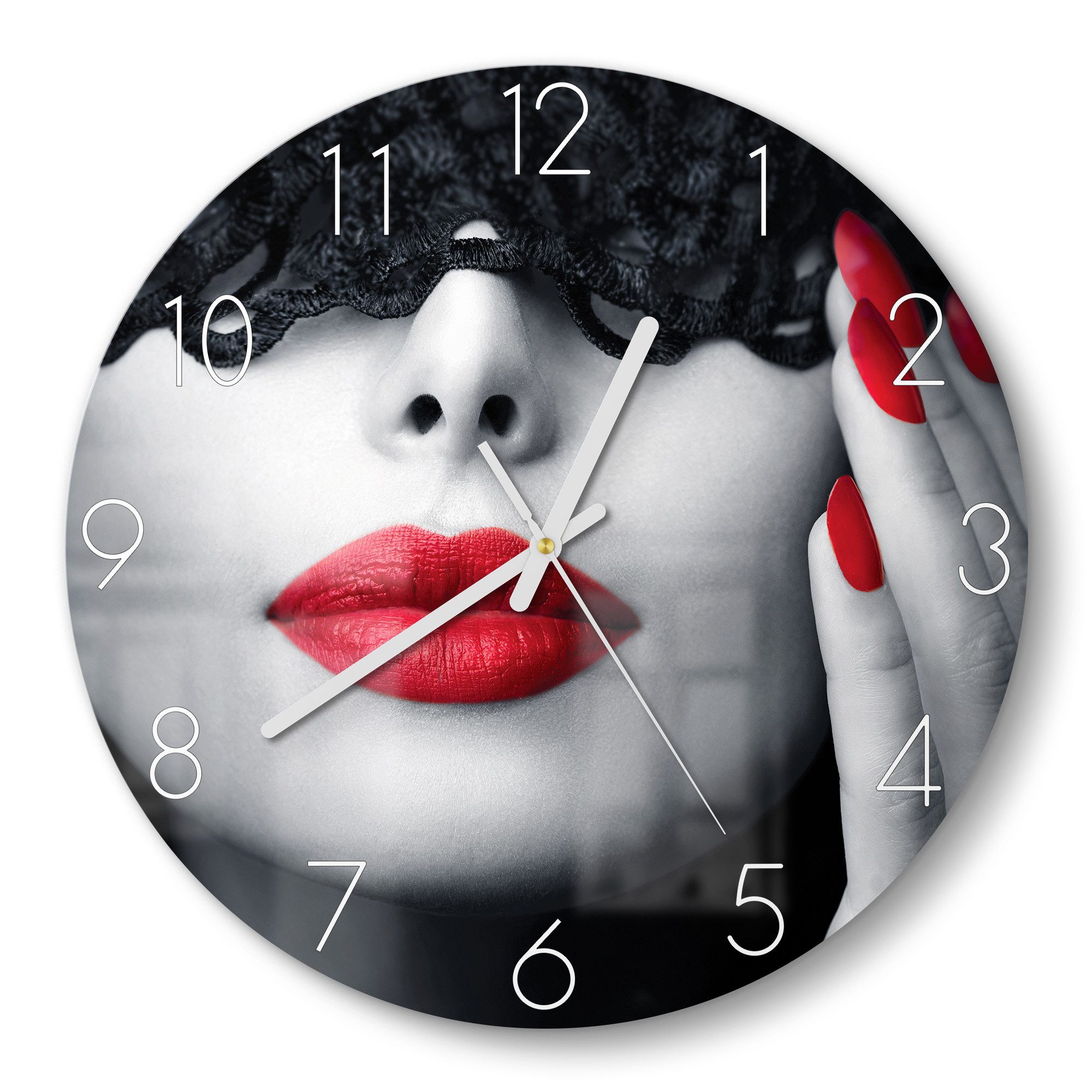 DEQORI Wanduhr 'Maskierte Schönheit' (Glas Glasuhr modern Wand Uhr Design Küchenuhr)