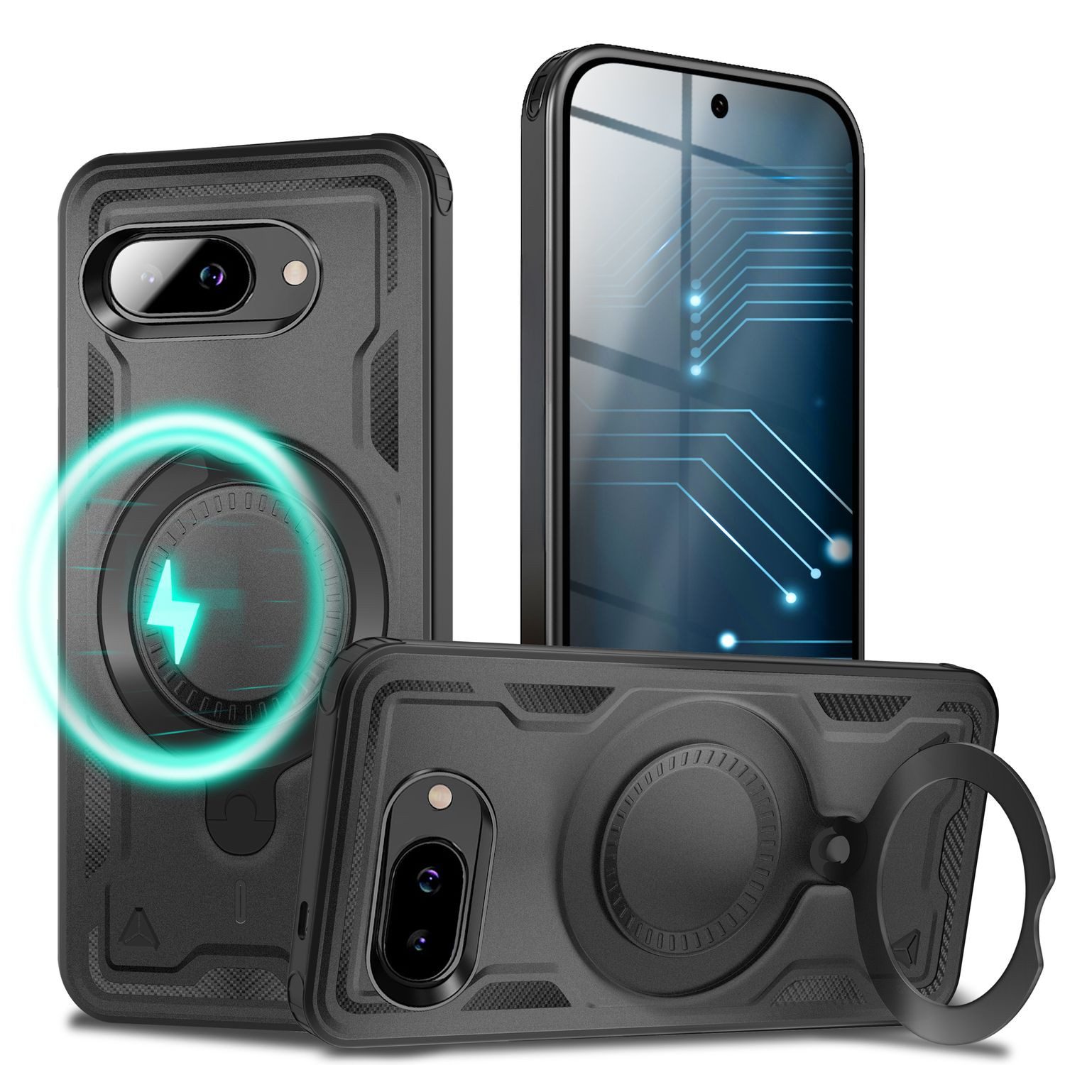 Nalia Smartphone-Hülle Google Pixel 9a 16 cm (6,3 Zoll), Panzer Militärschutz / Extrem Robust / Magsafe / 360° Ring / Kickstand