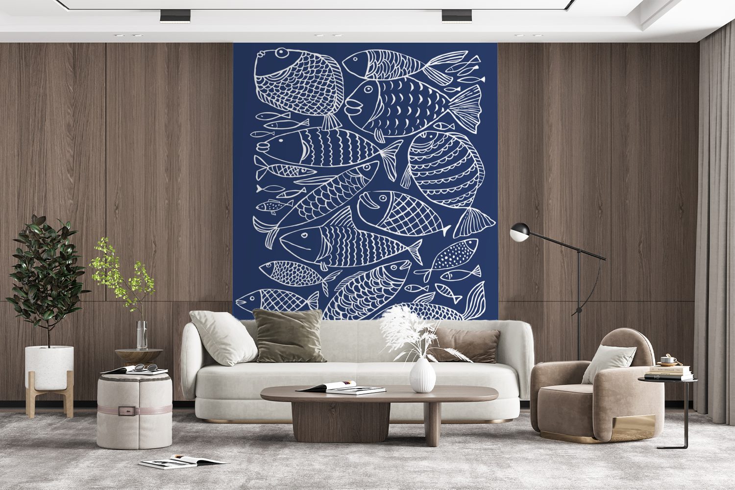 Fisches Wohnzimmer, Matt, St), Montagefertig für auf Tapete MuchoWow Illustration Wandtapete einem Hintergrund, bedruckt, dunkelblauen Fototapete (4 eines Vinyl