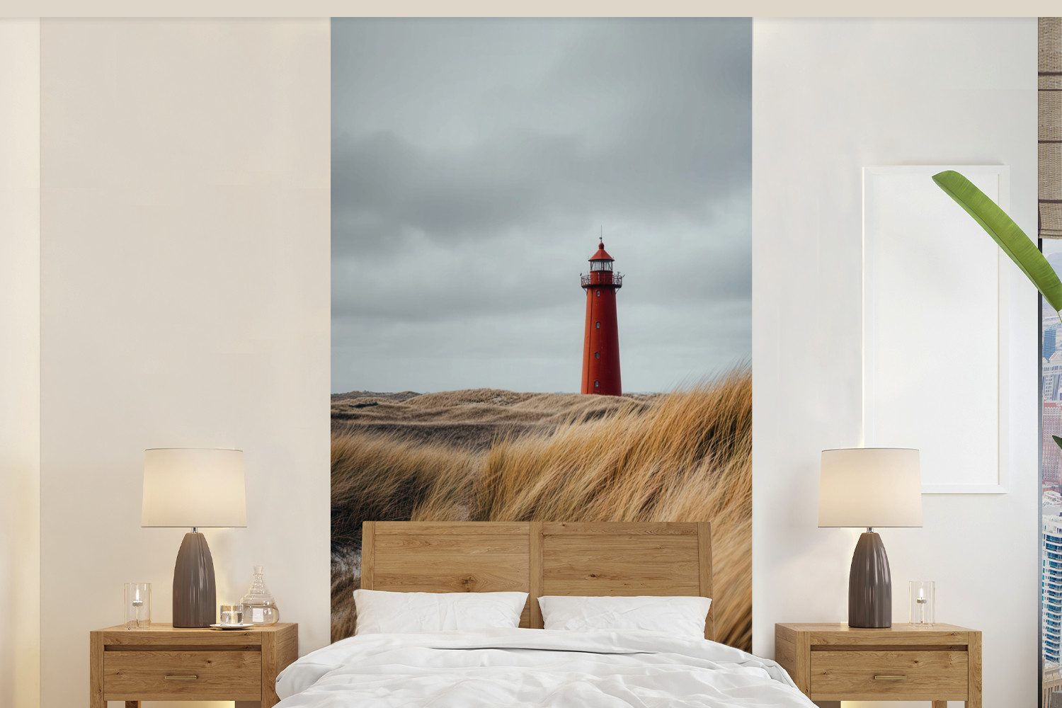 MuchoWow Fototapete Dünen - Leuchtturm - Rot - Himmel, Matt, bedruckt, Vliestapete für Wohnzimmer Schlafzimmer Küche, Fototapete, 120x240 cm