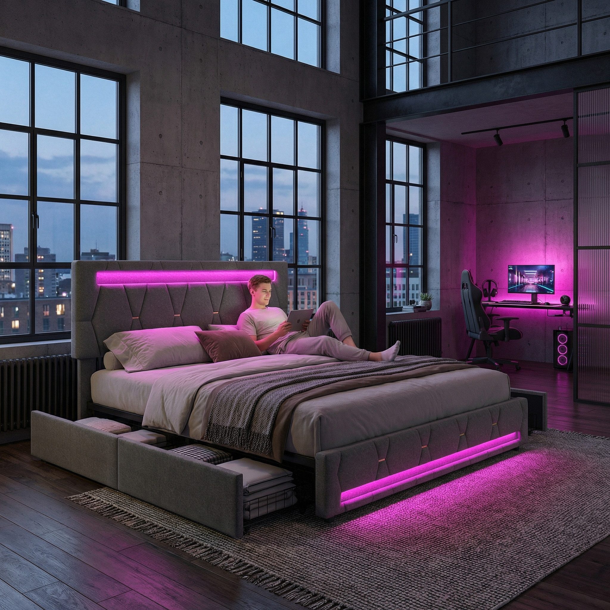 Gdood Polsterbett Stauraumbett Doppelbett LED (Vier extra große Schubladen unter dem Bett), Mit LED-Beleuchtung, Stauraum, Leinen, 160x200 cm – Bild 4 von 5