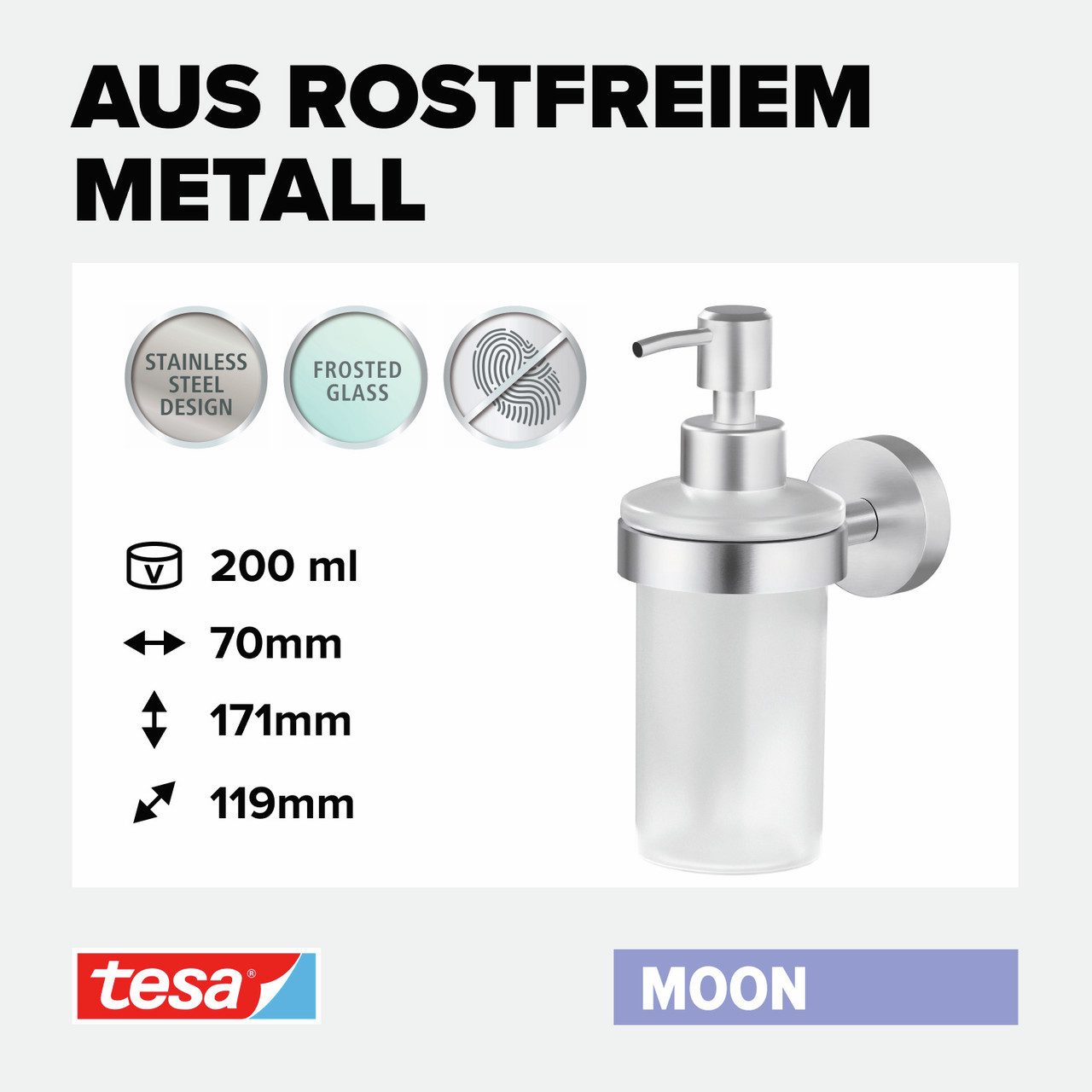 tesa Seifenspender 1 x MOON Wandseifenspender, (Komplett-Set, 3-tlg), Edelstahl - silber matt - 10,9 cm : 7 cm : 15,6 cm