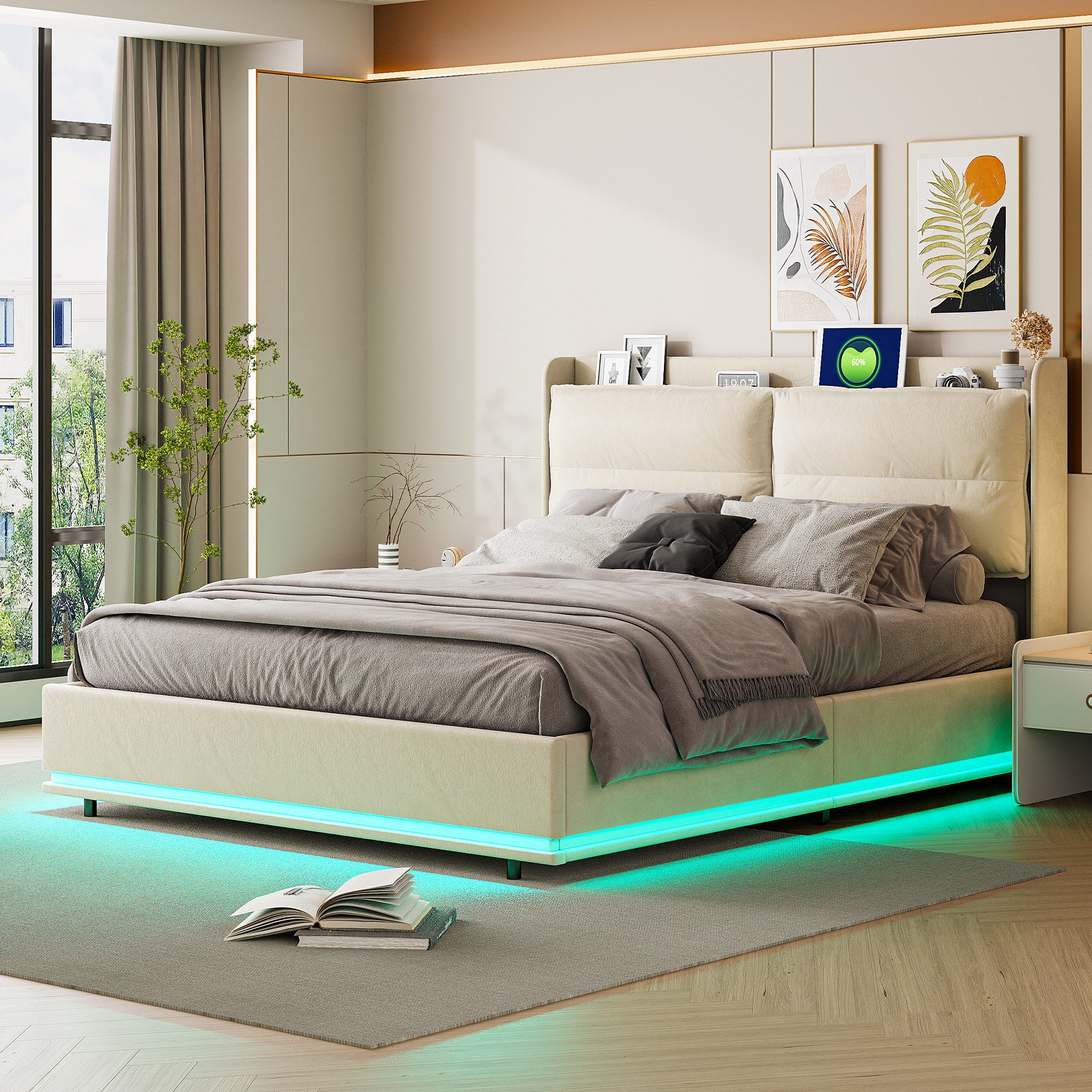 Simurq Boxspringbett Polsterbett 140x200,Doppelbett mit LED und USB,Abnehmbare Rückenlehne (Doppelbettgestell,Hydraulisch Stauraumbett,Samt, Beige), Lattenrost,Stauraum unter dem Bett