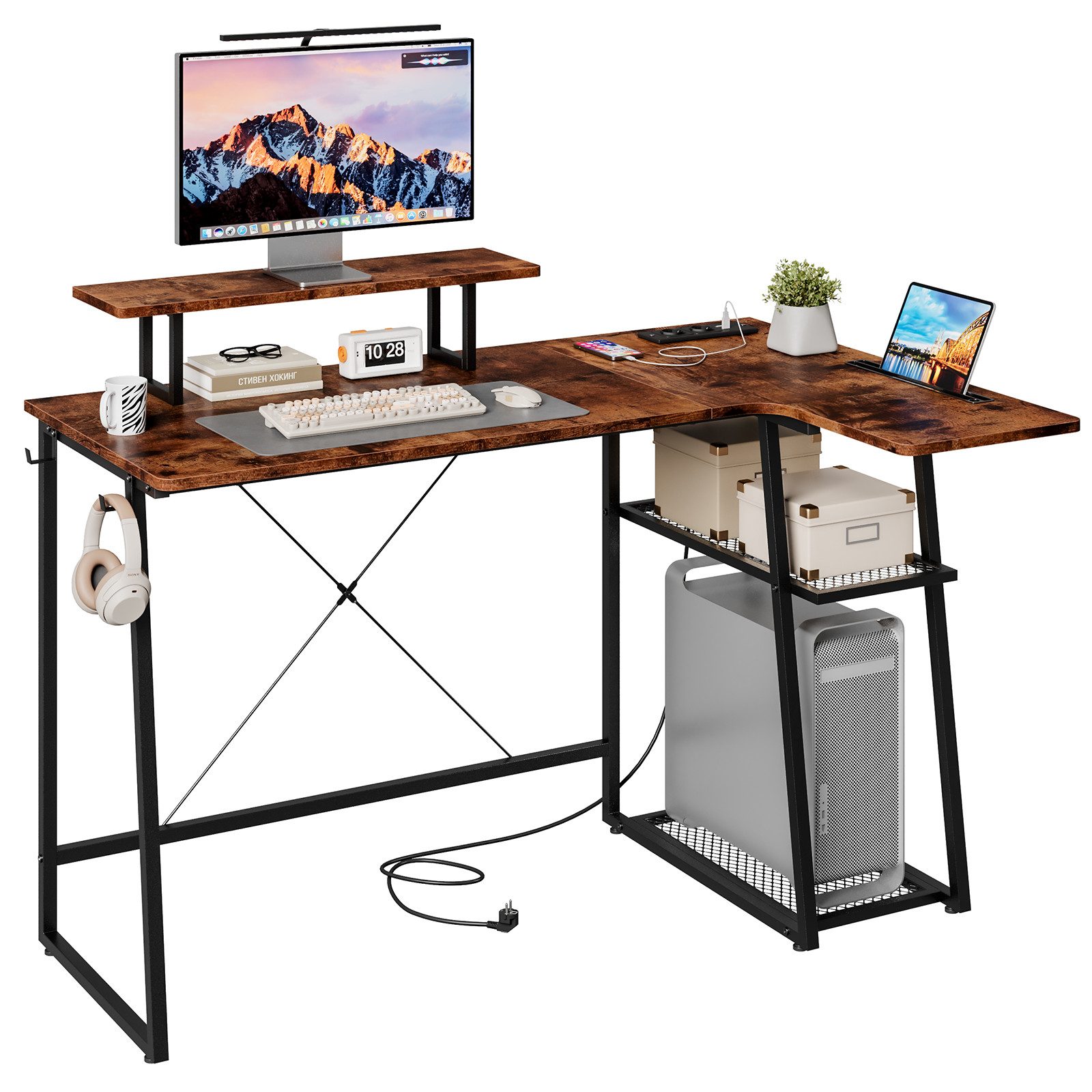 Eckschreibtisch Gaming Tisch L Form Computertisch mit USB-Ladeanschluss&Steckdose