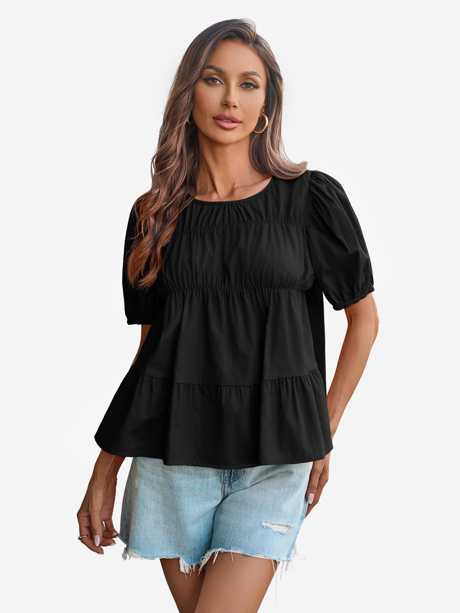 Imily Bela T-Shirt Damen Babydoll Tops mit Puffärmeln und Schößchen (Packung, 1-tlg., 1per-Pack) aus Baumwolle