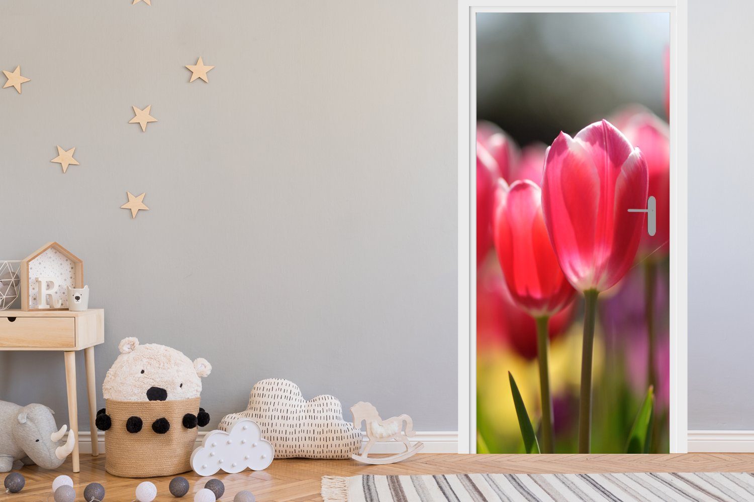 Fototapete Türaufkleber, bedruckt, Tulpenblüten, St), 75x205 (1 Matt, Türtapete MuchoWow cm Rosa Tür, für