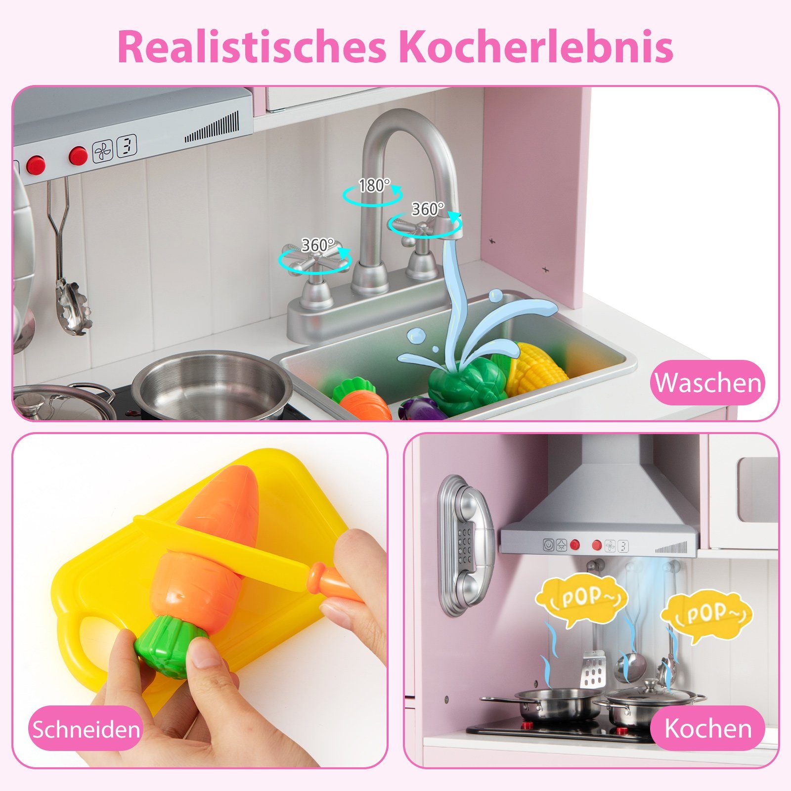 COSTWAY Spielküche Kinderküche Holz, 3-fach höhenverstellbar, mit 16 tlg. Zebehör