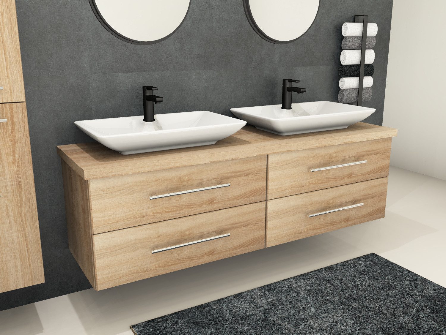 Aqua Bagno Badmöbel-Set Badmöbel-Set Flex 160 cm Eiche Gold - Doppelwaschbecken & Trägerplatte, (vormontiert, 5-St., Badmöbelschrank lackiert, Trägerplatte, Keramikwaschbecken), einfache Montage, Skandi