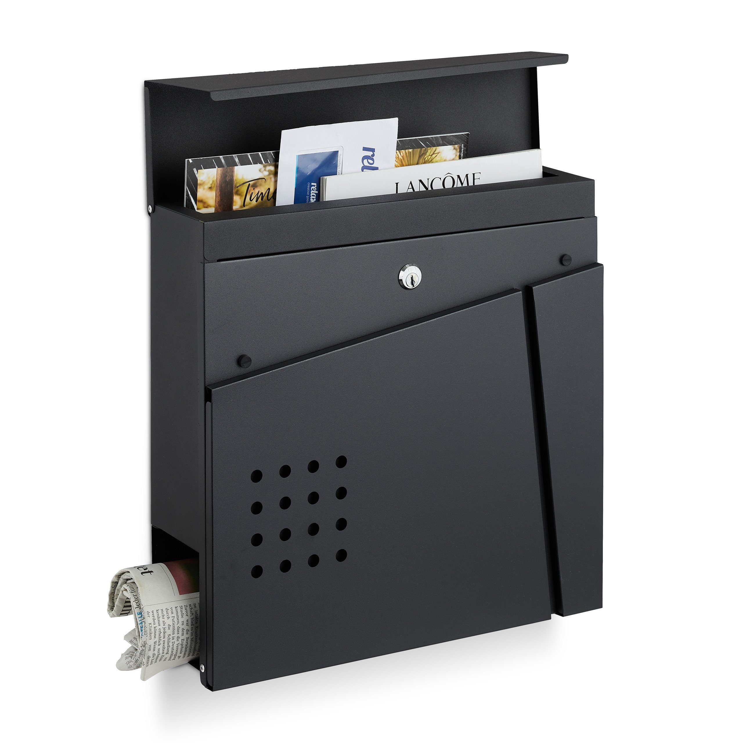 relaxdays Briefkasten Schwarzer Briefkasten mit Zeitungsfach