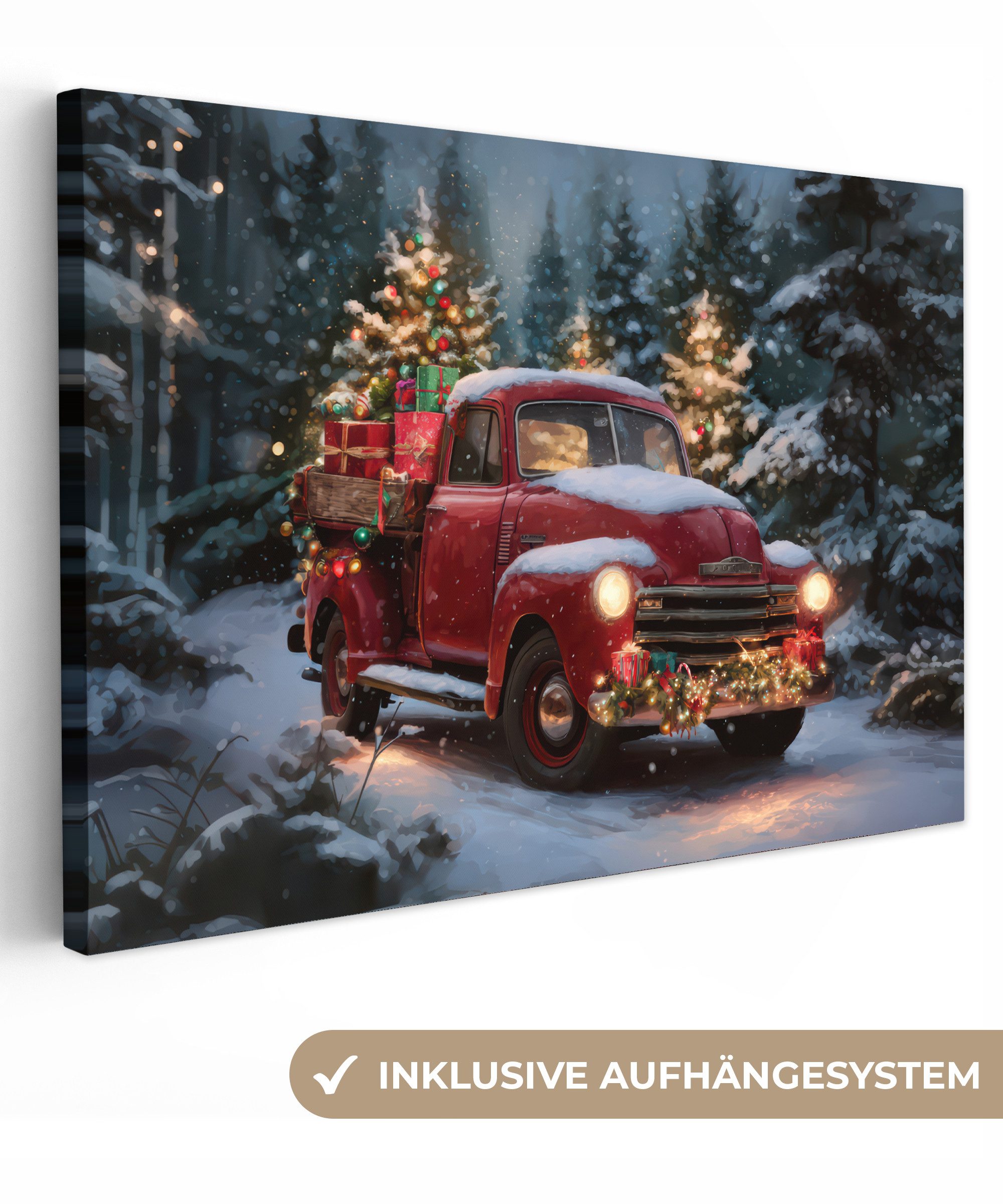 OneMillionCanvasses® Leinwandbild Weihnachts-LKW - Schneewald - günstig online kaufen