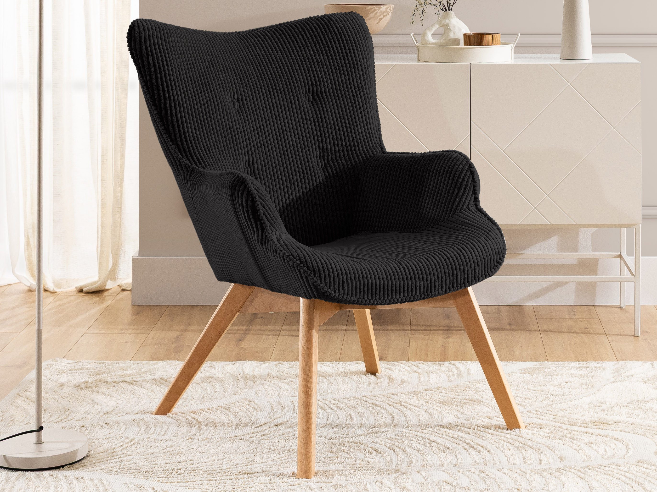 S-Style Möbel Loungesessel Lenari aus Cordstoff mit Füßen aus Massivholz in Natur oder Braun (1 x Lounge-Sessel)