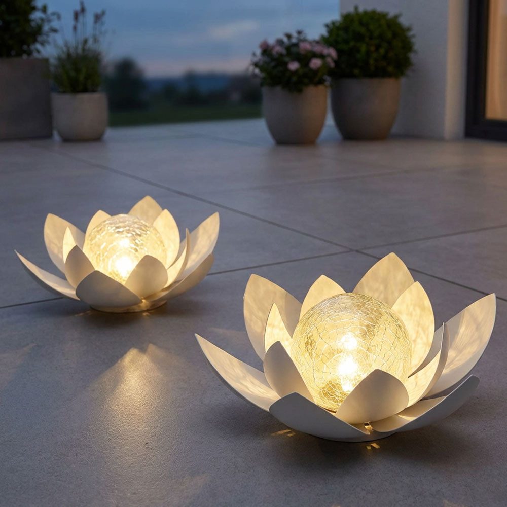 Haushalt International LED Solarleuchte, LED-Leuchtmittel fest verbaut, Warmweiß, LED Solarleuchte Lotusblume weiß Glas Außenlampe Gartendeko 27,6cm 2x